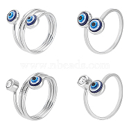 PandaHall Elite&reg 4Pcs 4 Style Resin Evil Eye Cuff Rings, 304 Stainless Steel Wire Wrap Jewelry for Women, Platinum, US Size 10 1/4(19.9mm), 1Pc/style(RJEW-PH0001-11)