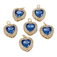 Brass Micro Pave Cubic Zirconia Pendants, Heart, Real 18K Gold Plated, Royal Blue, 19x16x7mm, Hole: 3.4mm, Jump Ring: 5x0.8mm(KK-G404-B-01R-G)