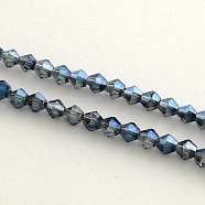 Electroplate Glass Bead Strands, Rainbow Plated, Faceted Bicone, Marine Blue, 4x4.5mm, Hole: 1mm, 92~96pcs/strand, 13.78~14.37 inch(X-EGLA-R094-4mm-13)