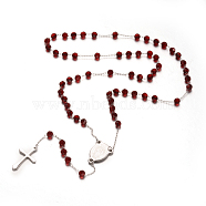 Cross 304 Stainless Steel Rosary Beaded Necklaces, with Glass Beads, Red, 25 inch(64cm)(NJEW-L414-37B)