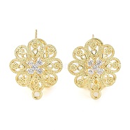 Flower Brass Micro Pave Cubic Zirconia Stud Earrings Finding, with Horizontal Loops, Cadmium Free & Lead Free, Real 18K Gold Plated, 18x16mm, Hole: 1.2mm, Pin: 0.8mm(KK-E083-17G)
