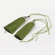 Nylon Tassels Big Pendant Decorations, with CCB Plastic, Antique Silver, Yellow Green, 85x20x10.5mm(HJEW-G010-A20)