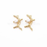 Brass Micro Pave Clear Cubic Zirconia Connector Charms, Nickel Free, Branch, Real 18K Gold Plated, 9.5x15x2.5mm, Hole: 1mm(KK-S356-733)