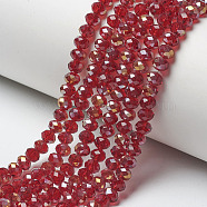 Electroplate Transparent Glass Beads Strands, Half Rainbow Plated, Faceted, Rondelle, Dark Red, 4x3mm, Hole: 0.4mm, about 123~127pcs/strand, 16.5~16.9 inch(42~43cm)(EGLA-A034-T4mm-H13)