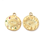 Vacuum Plating 201 Stainless Steel with Rhinestone Pendants, Flat Round with Eye Pattern, Real 18K Gold Plated, 19x16x2mm, Hole: 2mm(STAS-J401-VC808)