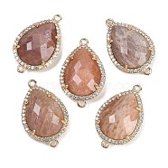 Natural Sunstone Faceted Teardrop Links, Rack Plating Brass Micro Pave Clear Cubic Zirconia Connector Charms, Golden, 26x16.5x6mm, Hole: 1.6mm and 1.4mm(G-B126-03G-03)