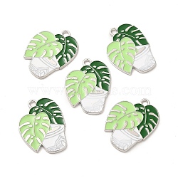 Alloy Enamel Pendants, Platinum, Leaf Potted Charm, Light Green, 25.5x19.5x1.5mm, Hole: 2mm(PALLOY-I217-10P)