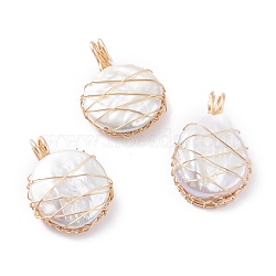 Natural Baroque Pearl Keshi Pearl Pendants, with Real 18K Gold Plated Eco-Friendly Copper Wire, Flat Round, Seashell Color, 26.5~30.5x17~18x6~8mm, Hole: 4~5x3~4mm(PALLOY-JF00930)