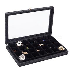 28 Grids Printed Imitation Leather Jewelry Tray Organizer Boxes, Rectangle Jewelry Showcase with Clear Lid, for Earring Necklace Bracelet Ring Small Items Nail Art Storage, Black, 24x15.6x3.3cm, Grid: 29.5x29.5x26mm(MRMJ-WH0077-086)