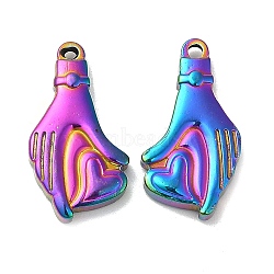 Ion Plating(IP) 304 Stainless Steel Pendants, Palm with Heart Charm, Rainbow Color, 22x12x3.5mm, Hole: 1.2mm(STAS-L020-005RC)