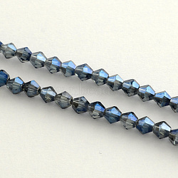 Electroplate Glass Bead Strands, Rainbow Plated, Faceted Bicone, Marine Blue, 4x4.5mm, Hole: 1mm, 92~96pcs/strand, 13.78~14.37 inch(X-EGLA-R094-4mm-13)