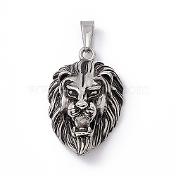 Tibetan Style 304 Stainless Steel Pendants, Lion Charm, Antique Silver, 39.5x25x15mm, Hole: 8x4.5mm(STAS-H170-31AS)