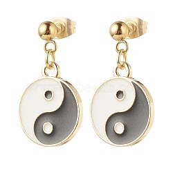Flat Round with Yin Yang Alloy Enamel Dangle Stud Earrings, 304 Stainless Steel Drop Earrings for Women, Golden, 25mm, Pin: 0.8mm(EJEW-JE04893-02)