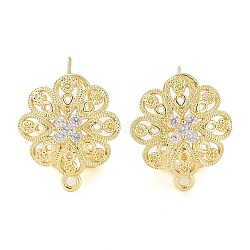 Flower Brass Micro Pave Cubic Zirconia Stud Earrings Finding, with Horizontal Loops, Cadmium Free & Lead Free, Real 18K Gold Plated, 18x16mm, Hole: 1.2mm, Pin: 0.8mm(KK-E083-17G)