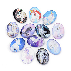 Flatback Glass Cabochons, for DIY Projects, Unicorn Pattern, Oval, Mixed Color, 25x18x5.5mm(X-GGLA-S034-25x18-022)