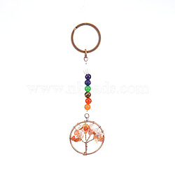 Flat Round with Tree of Life Natural Carnelian Chips Keychains, with Chakra Round Gemstone and Brass Findings, for Car Backpack Pendant Accessories, 10.5cm(PW-WG79447-02)