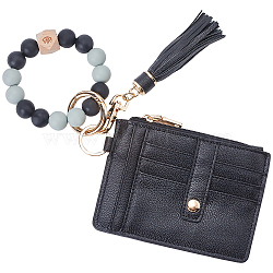Rectangle Imitation Leather Name Card Holders, with Silicone Beaded Tassel Straps and Alloy Clasps, Golden, Black, 24cm, Card Holder: 125x95x14mm(AJEW-WH20011-25A)