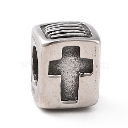 304 Stainless Steel European Beads, Large Hole Beads, Cuboid with Cross, Antique Silver, 11.5x9x8.5mm, Hole: 5.5mm(STAS-M301-40AS)