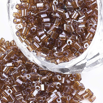 Grade A Glass Seed Beads, Hexagon(Two Cut), Transparent Colours Lustered, Saddle Brown, 1.5~2.5x1.5~2mm, Hole: 0.8mm, about 2100pcs/bag, 450g/bag