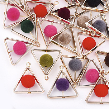 UV Plating Acrylic Pendants, Flocky, Triangle, Light Gold, Mixed Color, 26x24x10mm, Hole: 1.8mm