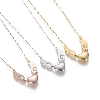 304 Stainless Steel Pendant Necklaces, with Cable Chains, Heart and Wing, Mixed Color, 15.8 inch(40.1cm)