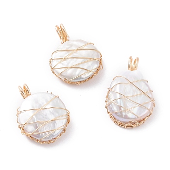 Natural Baroque Pearl Keshi Pearl Pendants, with Real 18K Gold Plated Eco-Friendly Copper Wire, Flat Round, Seashell Color, 26.5~30.5x17~18x6~8mm, Hole: 4~5x3~4mm