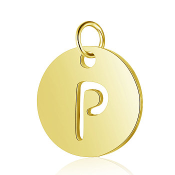 304 Stainless Steel Charms, Flat Round with Letter, Golden, Letter.P, 12x1mm, Hole: 2.5mm