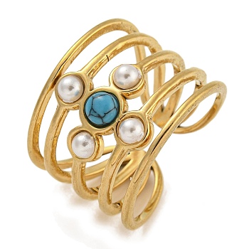 Round Synthetic Turquoise & ABS Plastic Imitation Pearl Finger Rings, 304 Stainless Steel Multi-layer Hollow Open Cuff Ring for Unisex, Golden, Adjustable, 16mm