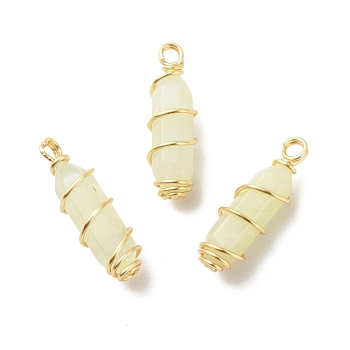 Natural New Jade Double Terminal Pointed Pendants, with Golden Tone Copper Wire Wrapped, Bullet, 26~26.5x8mm, Hole: 2.5~2.8mm