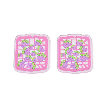 Transparent Printed Acrylic Pendants, with Glitter Powder, Square with Grape, Hot Pink, 38x32x2mm, Hole: 2mm