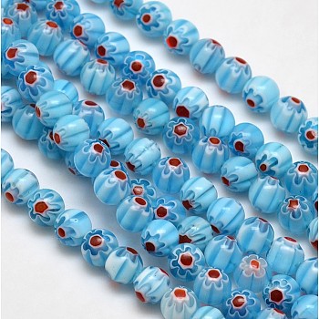 Round Millefiori Glass Beads Strands, Sky Blue, 7.6~8mm, Hole: 1mm, about 48pcs/strand, 14.9 inch