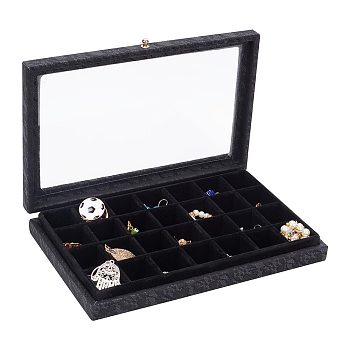 28 Grids Printed Imitation Leather Jewelry Tray Organizer Boxes, Rectangle Jewelry Showcase with Clear Lid, for Earring Necklace Bracelet Ring Small Items Nail Art Storage, Black, 24x15.6x3.3cm, Grid: 29.5x29.5x26mm