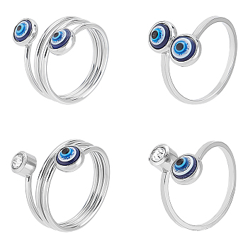 PandaHall Elite&reg 4Pcs 4 Style Resin Evil Eye Cuff Rings, 304 Stainless Steel Wire Wrap Jewelry for Women, Platinum, US Size 10 1/4(19.9mm), 1Pc/style