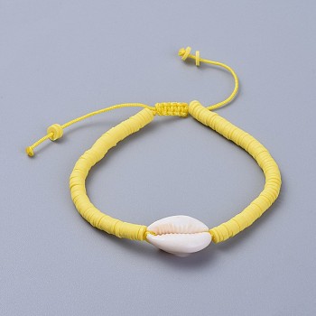 (Jewelry Parties Factory Sale)Handmade Polymer Clay Heishi Beads Braided Bracelets, with Cowrie Shell Beads and Nylon Cord, Yellow, 2 inch~3-1/8 inch(5~8cm)
