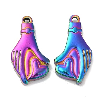 Ion Plating(IP) 304 Stainless Steel Pendants, Palm with Heart Charm, Rainbow Color, 22x12x3.5mm, Hole: 1.2mm