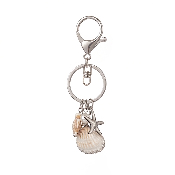 Shell Starfish Pendant Keychains, with Alloy Split Key Rings and Fish Brass Enamel Pendant, Turtle, Platinum, 10.1cm