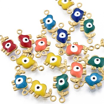 304 Stainless Steel Enamel Connector Charms, Real 18K Gold Plated, Elephant with Evil Eye, Mixed Color, 6.5x15x2.5mm, Hole: 1.2mm