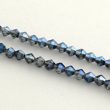 Electroplate Glass Bead Strands, Rainbow Plated, Faceted Bicone, Marine Blue, 4x4.5mm, Hole: 1mm, 92~96pcs/strand, 13.78~14.37 inch