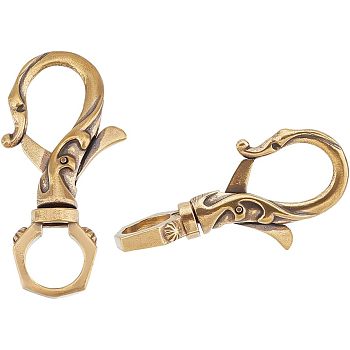 2Pcs Tibetan Style Brass Lobster Claw Clasp, Embossed Pattern, Antique Golden, 55x28x9.5mm, Hole: 12mm