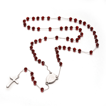 Cross 304 Stainless Steel Rosary Beaded Necklaces, with Glass Beads, Red, 25 inch(64cm)