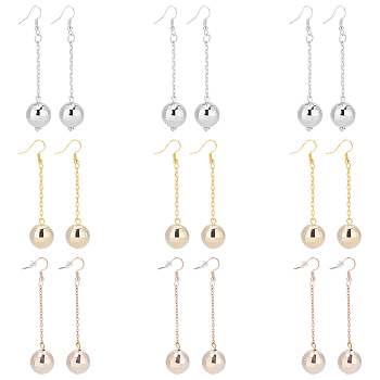 9 Pairs 3 Color Bling Disco Ball CCB Plastic Dangle Earrings, Alloy Long Drop Earrings for Women, Mixed Color, 69mm, Pin: 0.8mm, 3 Pair/color