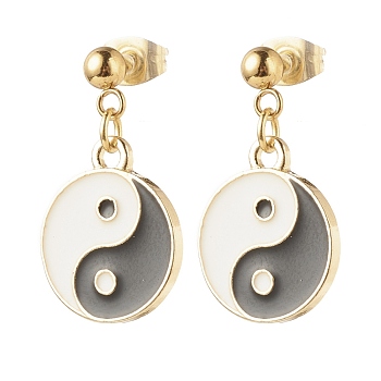 Flat Round with Yin Yang Alloy Enamel Dangle Stud Earrings, 304 Stainless Steel Drop Earrings for Women, Golden, 25mm, Pin: 0.8mm
