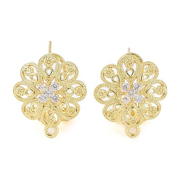 Flower Brass Micro Pave Cubic Zirconia Stud Earrings Finding, with Horizontal Loops, Cadmium Free & Lead Free, Real 18K Gold Plated, 18x16mm, Hole: 1.2mm, Pin: 0.8mm
