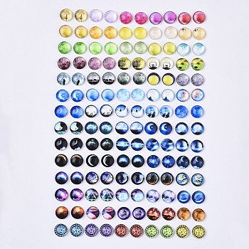 Galaxy Universe Flatback Glass Cabochons for DIY Projects, Dome/Half Round with Mixed Patterns, Mixed Color, Starry Sky Pattern, 12x4mm