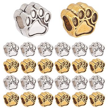 100Pcs 2 Styles Tibetan Style Zinc Alloy Dog Paw Prints European Beads, Large Hole Beads, Antique Silver & Antique Golden, 9.5~11x9.5~10.6x6.5~7.5mm, Hole: 4.4~4.8mm, 50pcs/style