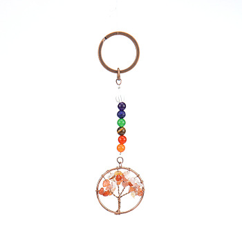 Flat Round with Tree of Life Natural Carnelian Chips Keychains, with Chakra Round Gemstone and Brass Findings, for Car Backpack Pendant Accessories, 10.5cm