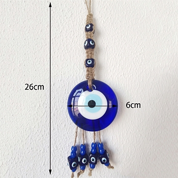 Turkish Style Glass Flat Round with Evil Eye Pendant Decorations, Wood Beads and Hemp Cord Wall Hanging Decoration, Blue, 260x60mm
