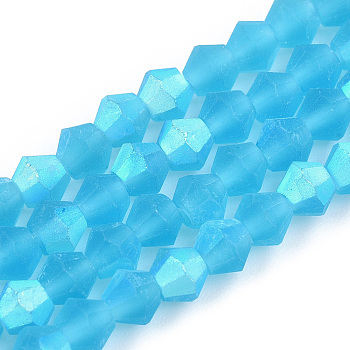 Imitate Austrian Crystal Bicone Frosted Glass Beads Strands, Grade AA, Faceted, Deep Sky Blue, 3.5~3.8x3mm, Hole: 0.8mm, about 113~115pcs/strand, 14.17~14.37 inch(36~36.5cm)