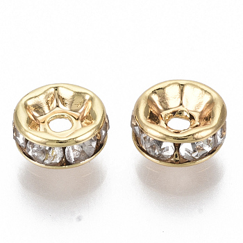 Brass Micro Pave Cubic Zirconia Spacer Beads, Nickel Free, Flat Round, Clear, Real 18K Gold Plated, 6x2.5mm, Hole: 1.4mm