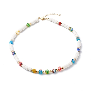 Polymer Clay Beaded Necklaces, with Cube Glass Beads and Brass Spacer Beads, White, 17.32 inch(44cm)